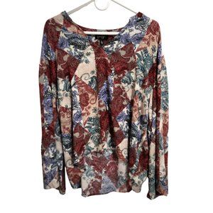 Jessica Simpson V Neck Hi Low Blouse  Loose Long Sleeves  Paisley Print  Size L